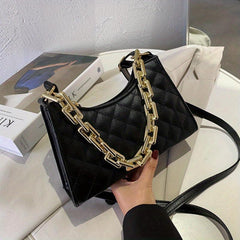 Quilted Zipper Shoulder Bag Chian Decor PU Leather Waterproof Crossbody Bag