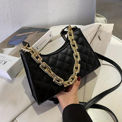 Quilted Zipper Shoulder Bag Chian Decor PU Leather Waterproof Crossbody Bag