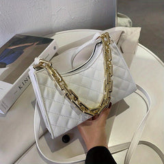 Quilted Zipper Shoulder Bag Chian Decor PU Leather Waterproof Crossbody Bag
