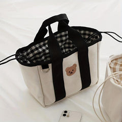 Bear Pattern Drawstring Satchel Lunch Box Canvas Portable Lunch Bag