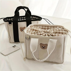 Bear Pattern Drawstring Satchel Lunch Box Canvas Portable Lunch Bag