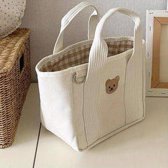 Bear Pattern Drawstring Satchel Lunch Box Canvas Portable Lunch Bag