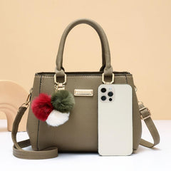 Pompom Decor Handbag Women's Double Handle Purse PU Leather Crossbody Bag