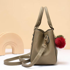 Pompom Decor Handbag Women's Double Handle Purse PU Leather Crossbody Bag