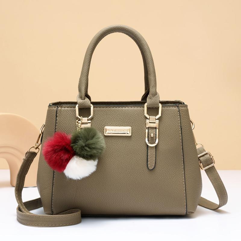 Pompom Decor Handbag Women's Double Handle Purse PU Leather Crossbody Bag