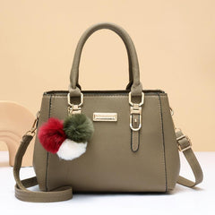 Pompom Decor Handbag Women's Double Handle Purse PU Leather Crossbody Bag