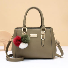 Pompom Decor Handbag Women's Double Handle Purse PU Leather Crossbody Bag