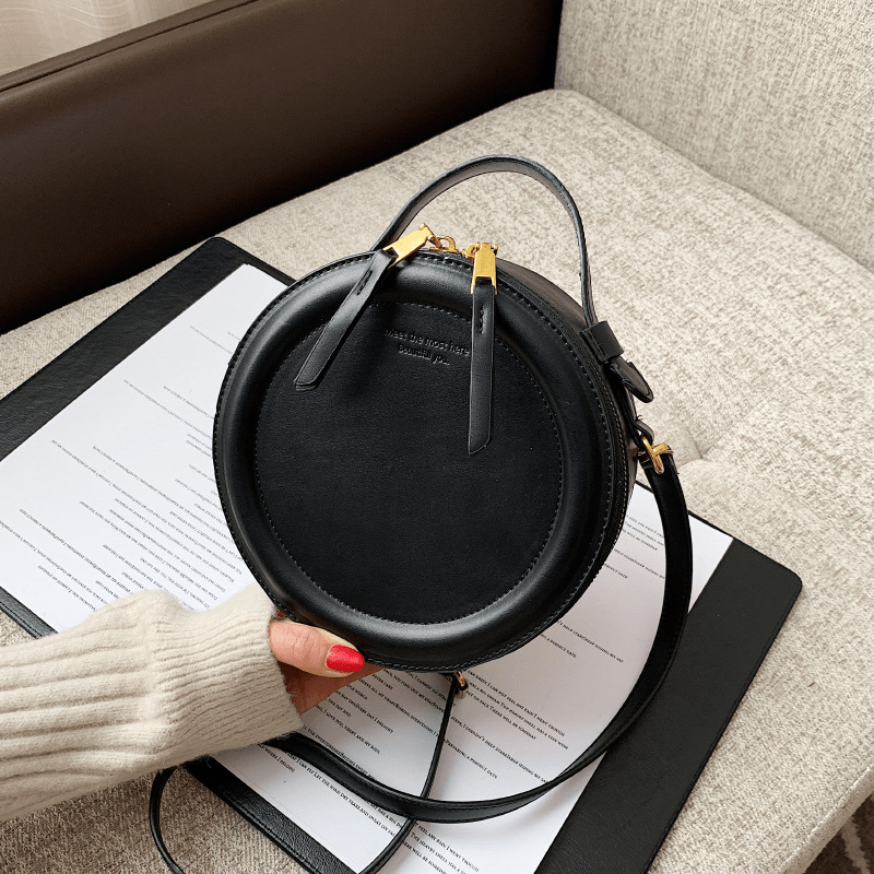 Small Round Crossbody Bag PU Leather Textured Handbag Purse
