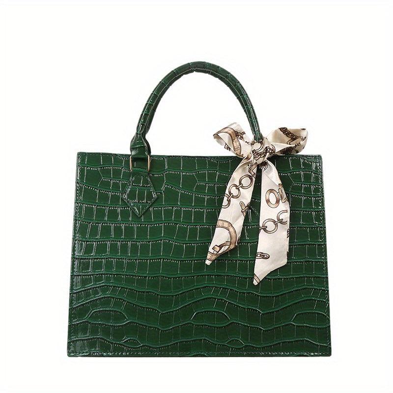 Crocodile Embossed Tote Bag Scarf Decor Shoulder Bag Women's PU Leather Handbag