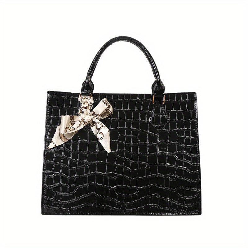 Crocodile Embossed Tote Bag Scarf Decor Shoulder Bag Women's PU Leather Handbag