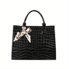 Crocodile Embossed Tote Bag Scarf Decor Shoulder Bag Women's PU Leather Handbag