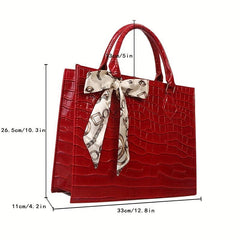 Crocodile Embossed Tote Bag Scarf Decor Shoulder Bag Women's PU Leather Handbag