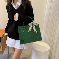 Crocodile Embossed Tote Bag Scarf Decor Shoulder Bag Women's PU Leather Handbag