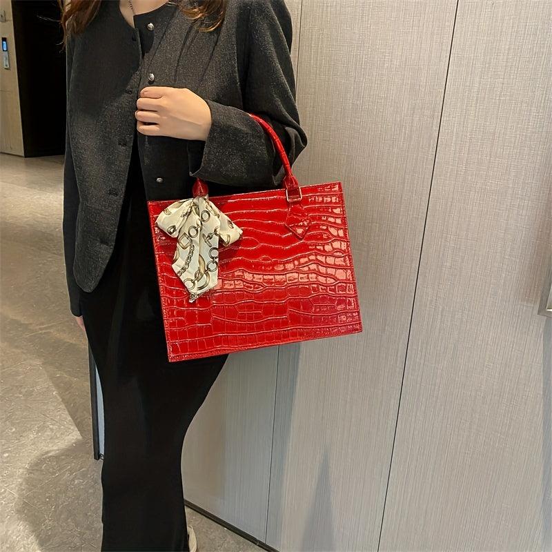 Crocodile Embossed Tote Bag Scarf Decor Shoulder Bag Women's PU Leather Handbag