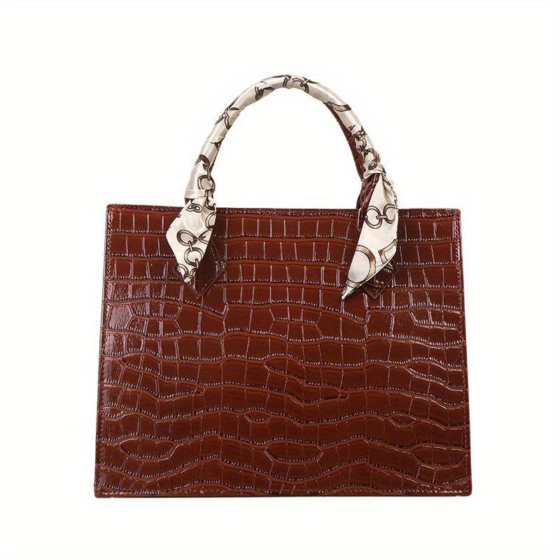 Crocodile Embossed Tote Bag Scarf Decor Shoulder Bag Women's PU Leather Handbag