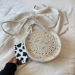 Hollow Out Woven Shoulder Bag Round Top Handle Handbag