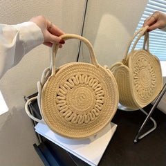 Hollow Out Woven Shoulder Bag Round Top Handle Handbag