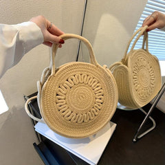 Hollow Out Woven Shoulder Bag Round Top Handle Handbag