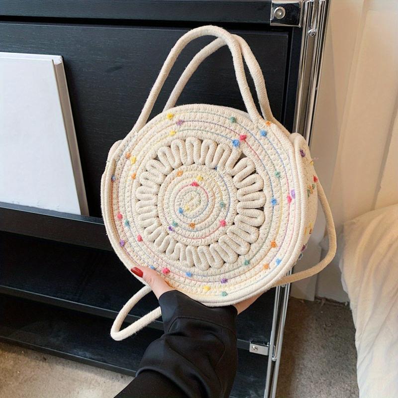 Hollow Out Woven Shoulder Bag Round Top Handle Handbag