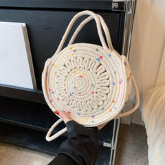 Hollow Out Woven Shoulder Bag Round Top Handle Handbag