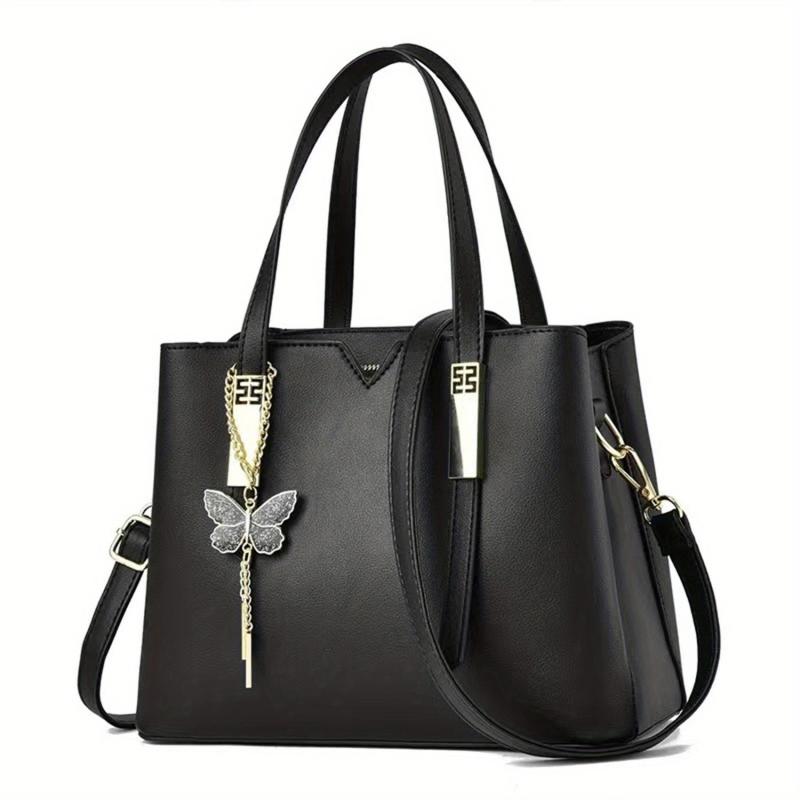 Classic Tote Satchel Bag Women's Shoulder Bag with Butterfly Pendant