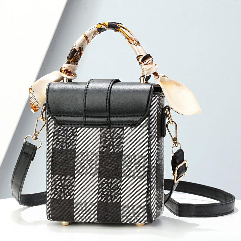 Plaid Pattern Box Handbag Scarf Decor Crossbody Bag