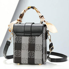 Plaid Pattern Box Handbag Scarf Decor Crossbody Bag