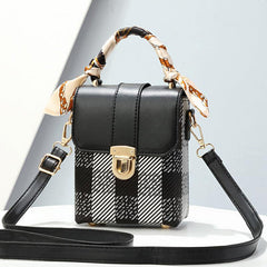 Plaid Pattern Box Handbag Scarf Decor Crossbody Bag