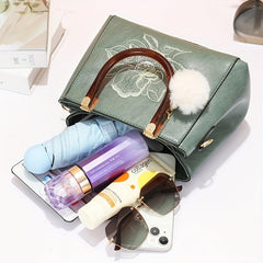 Flower Embroidered Top Handle Satchel Tote Bag