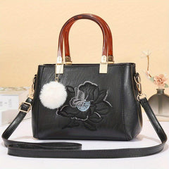 Flower Embroidered Top Handle Satchel Tote Bag