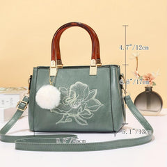 Flower Embroidered Top Handle Satchel Tote Bag