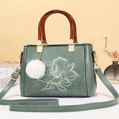 Flower Embroidered Top Handle Satchel Tote Bag