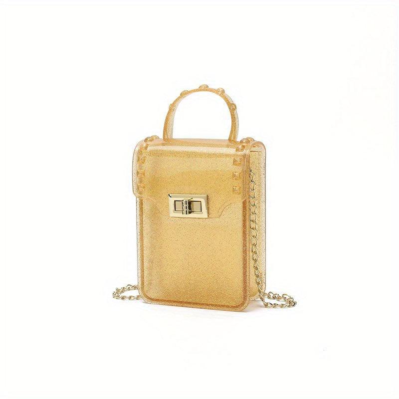 Glitter Square Handbag Solid Turn Lock Chain Bag