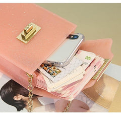 Glitter Square Handbag Solid Turn Lock Chain Bag