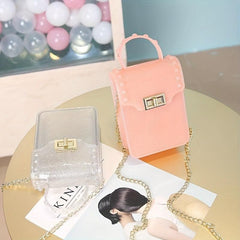 Glitter Square Handbag Solid Turn Lock Chain Bag