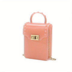 Glitter Square Handbag Solid Turn Lock Chain Bag