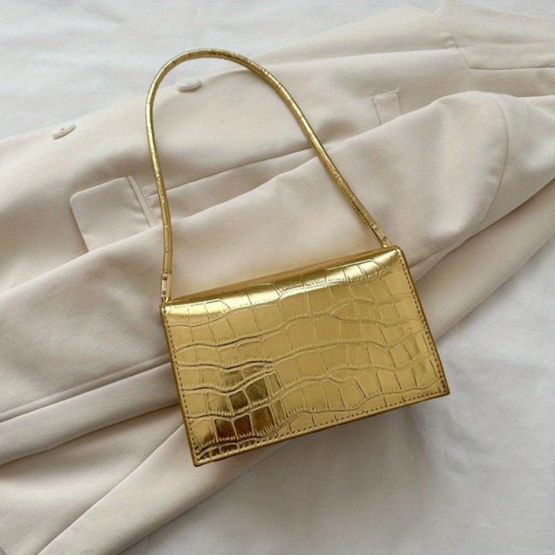 Embossed Baguette Bag Metallic PU Women's Small Handbag