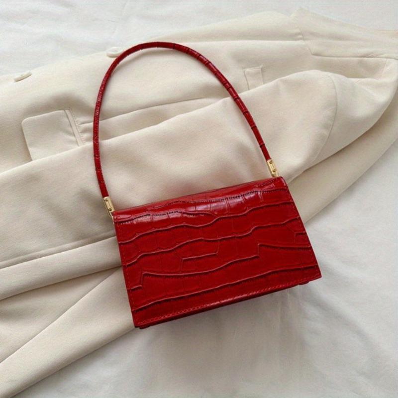 Embossed Baguette Bag Metallic PU Women's Small Handbag