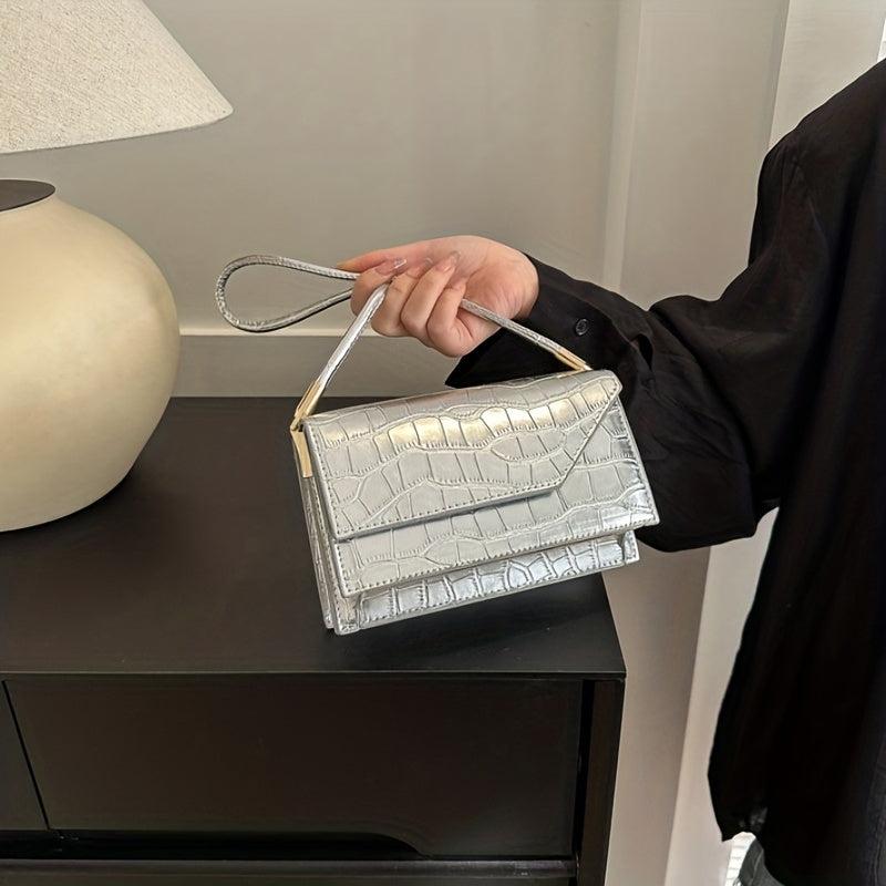 Embossed Baguette Bag Metallic PU Women's Small Handbag