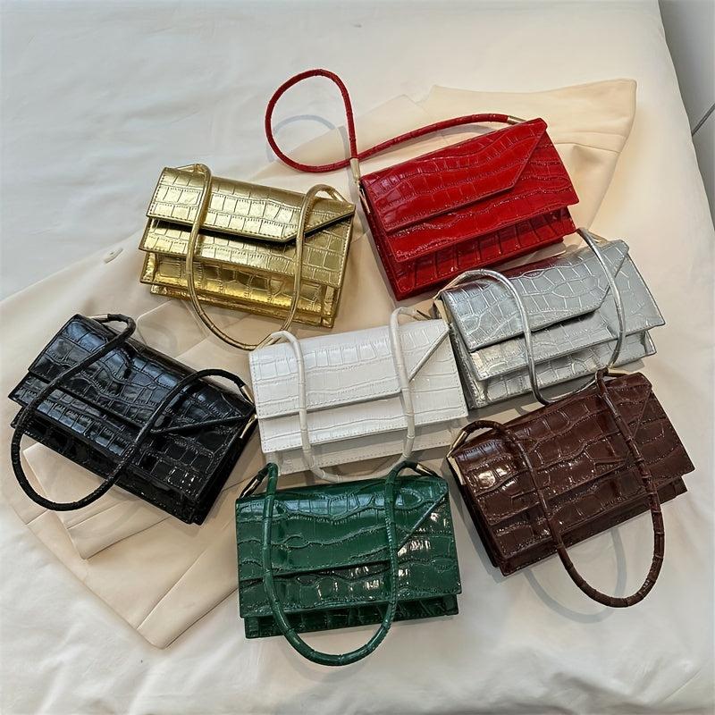 Embossed Baguette Bag Metallic PU Women's Small Handbag