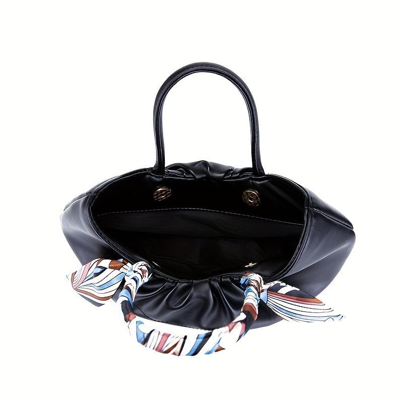 Ruched Satchel Bag Leather Handbag with Scarf Decor