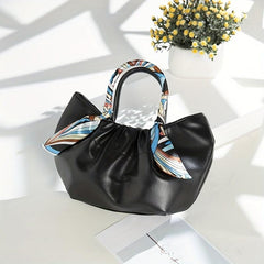 Ruched Satchel Bag Leather Handbag with Scarf Decor