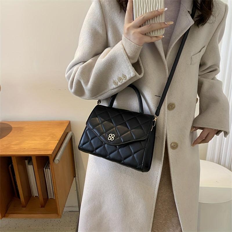 Argyle Quilted Crossbody Bag with Metal Flower Detail