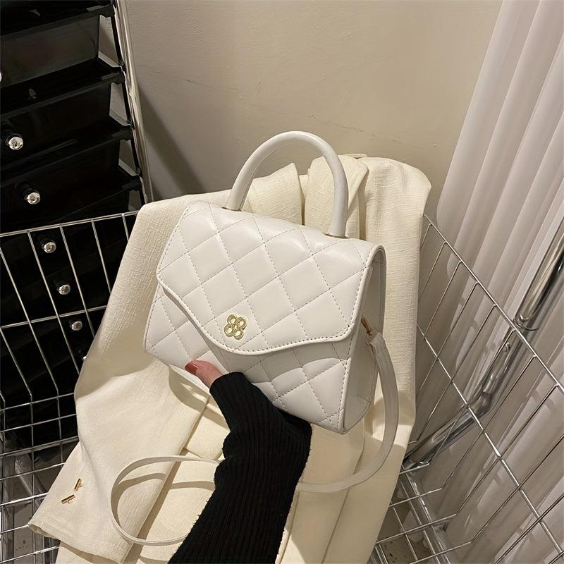Argyle Quilted Crossbody Bag with Metal Flower Detail