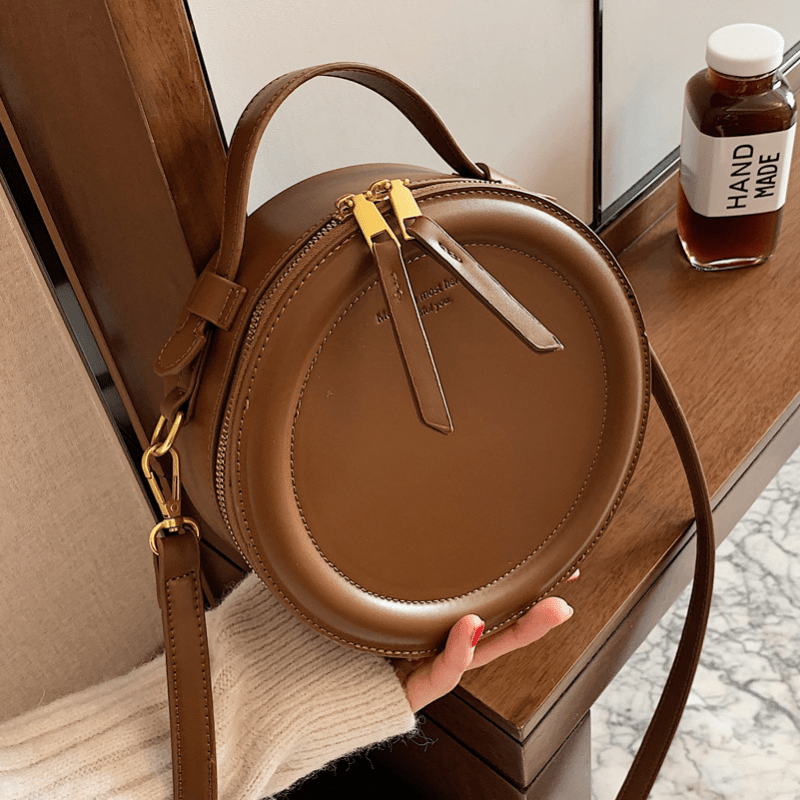 Retro Handheld Round Crossbody Bag PU Leather Textured Bag Purse