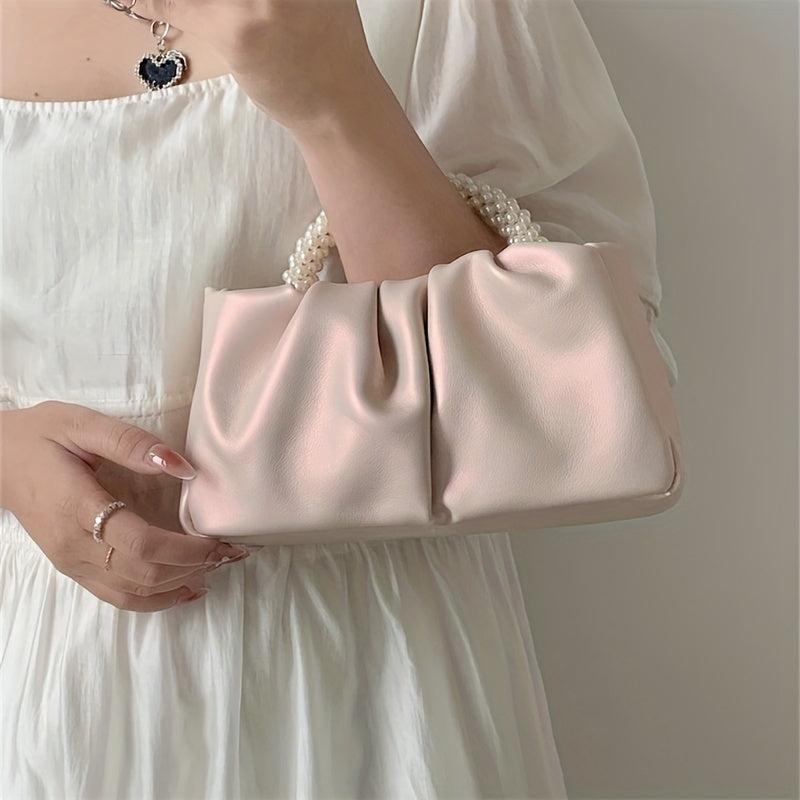 Ruched Satchel Bag with Round Bead Handle for Party