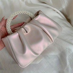 Ruched Satchel Bag with Round Bead Handle for Party