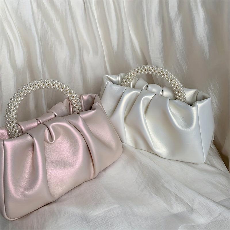 Ruched Satchel Bag with Round Bead Handle for Party