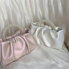 Ruched Satchel Bag with Round Bead Handle for Party