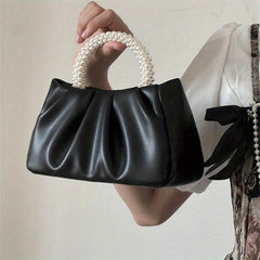 Ruched Satchel Bag with Round Bead Handle for Party